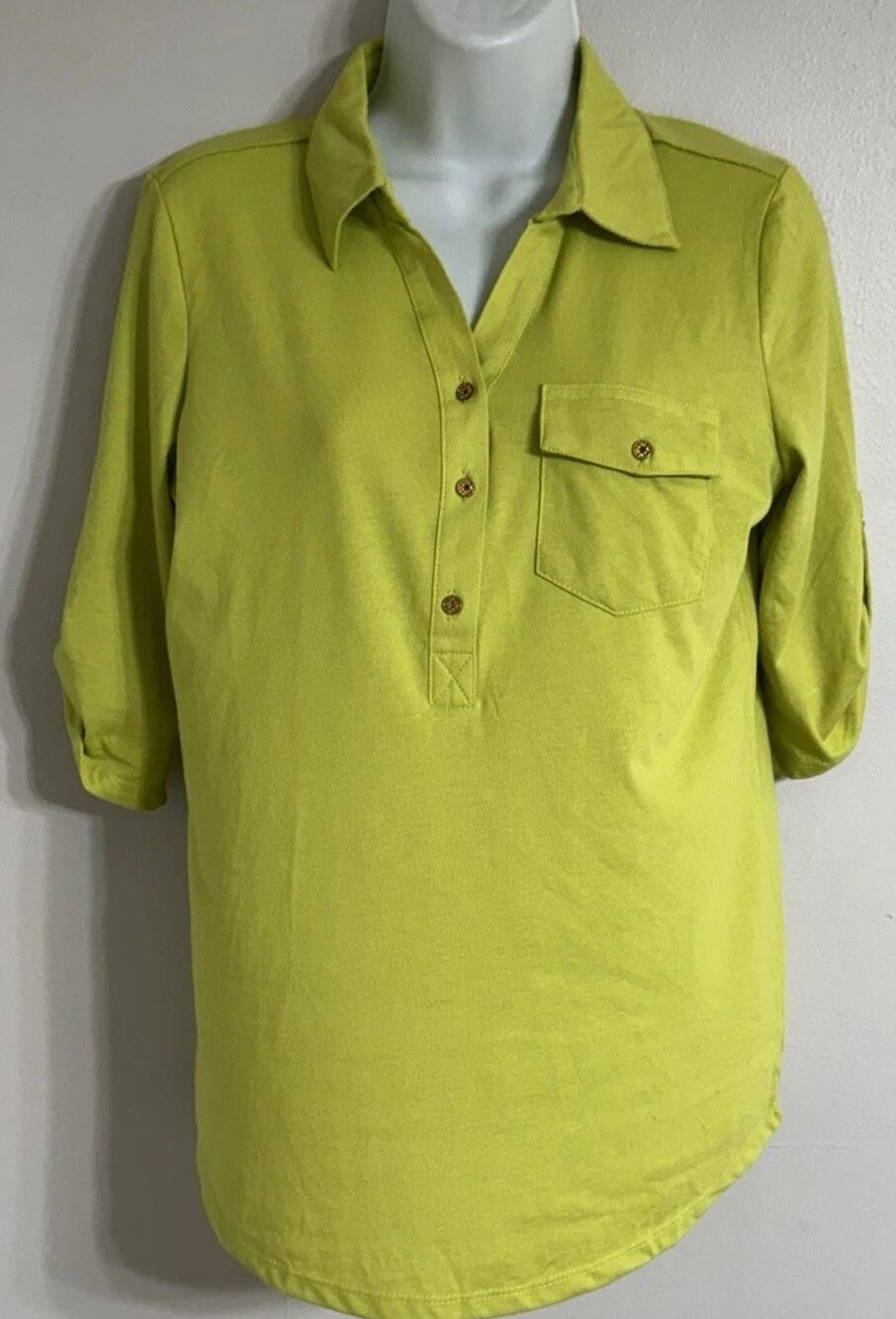 Emily Daniels Polo Shirt Women’s Small Pocket Roll Tab Sleeve Pocket Lime NEW